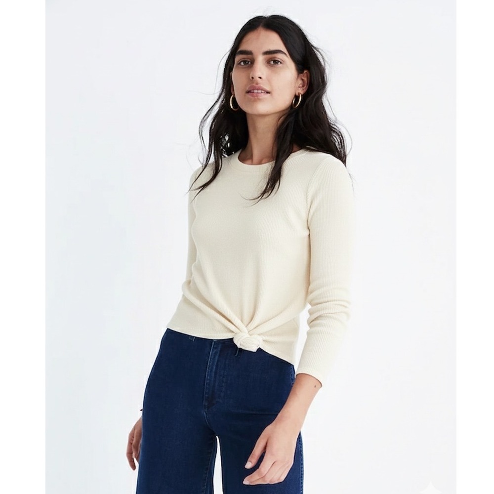 Madewell Ribbed Knit Long Sleeve Knot Front Cropped Top Ivory Size S